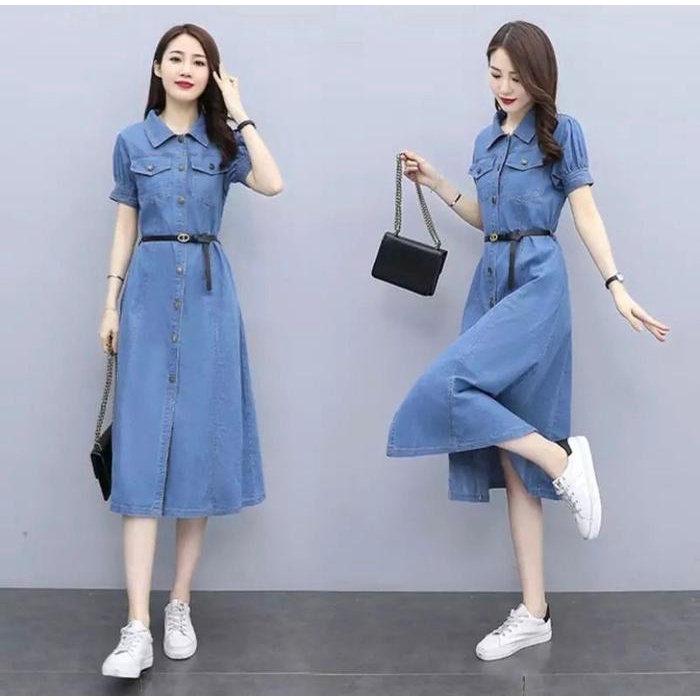 DRESS JEANS WANITA LENGAN PENDEK / LONG TUNIK JEANS WANITA LENGAN PENDEK ( FREE BELT ) CASUAL BAJU