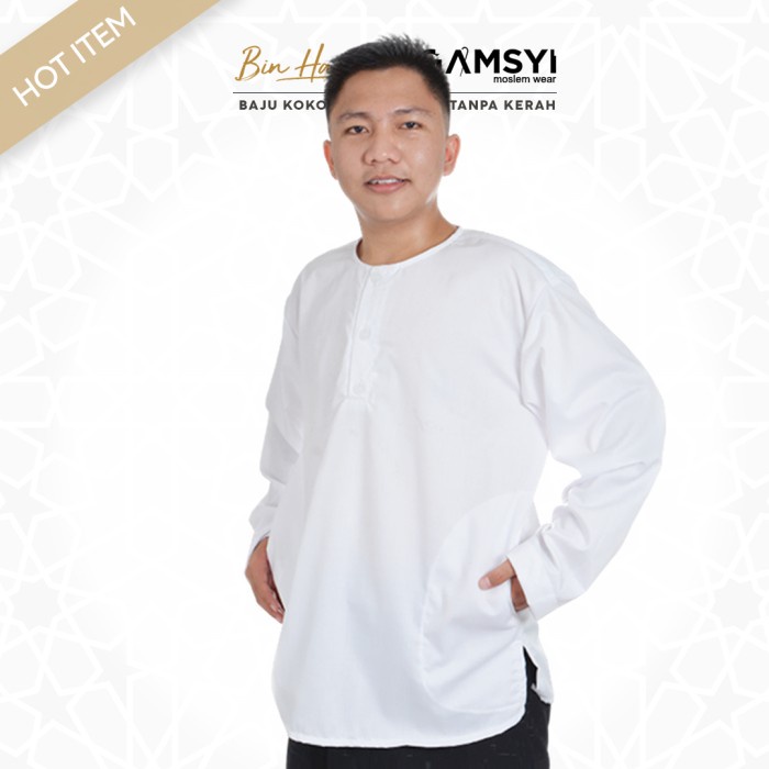 Baju Koko Putih Polos Habiab/Koko Tanpa kerah Jumbo/ Koko Gamsyi