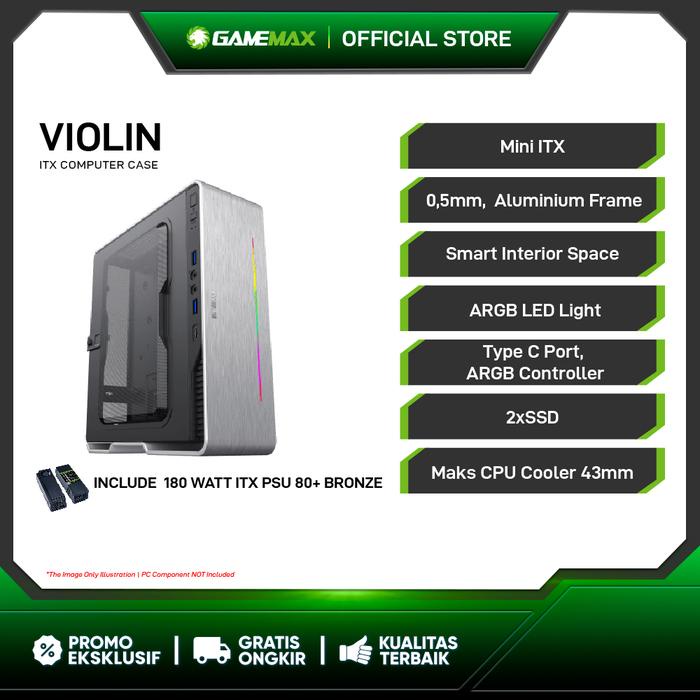 Ready GameMax Violin Silver Ultra Slim Mini-ITX PC Case with LED Rainbow