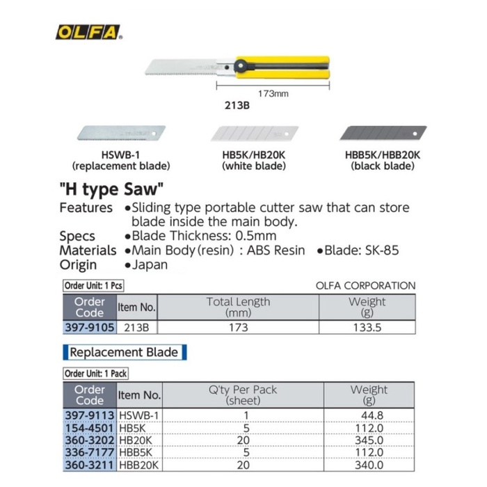 

HOT SALE! OLFA H type SAW Cutter 213B