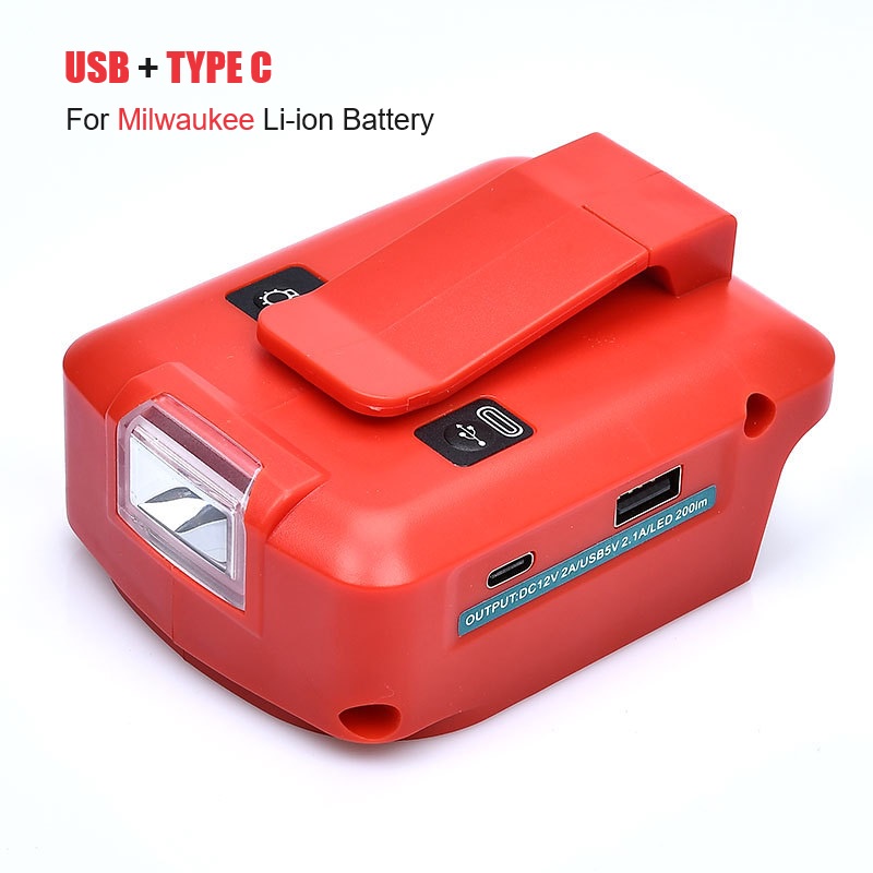 USB+Type-C Li-ion Battery Adapter With LED Lamp Replacement For Milwaukee 18V Power Tools DC 12V/2A 