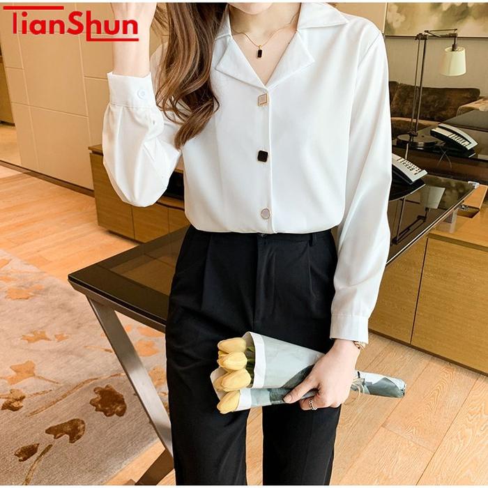TIANSHUN KEMEJA PUTIH HITAM WANITA LENGAN PANJANG V NECK POLOS BAJU KEMEJA WANITA KEKINIAN WOMEN
