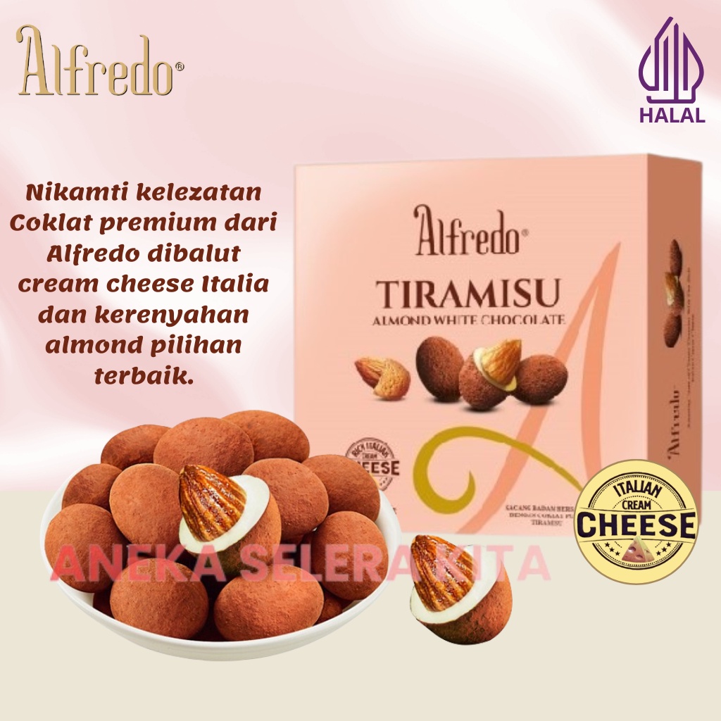 

A Alfredo Tiramisu Coklat Almond Dark, White & Milk Chocolate With Rich Italian Cream Cheese Halal
