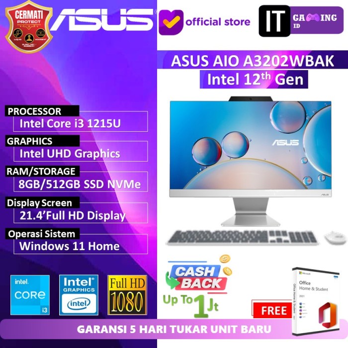 Asus AIO A3202WBAK Core i3-1215U 8GB 512GB Win 11 21.5'Full HD