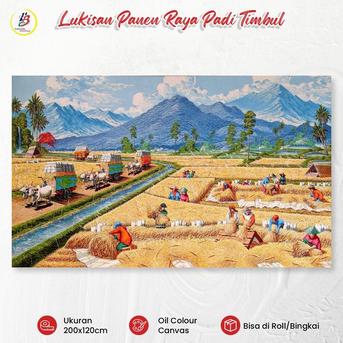 Terlaris Lukisan Pemandangan Panen Padi Timbul 3D 200x120cm Gunung Gerobak Sapi Pemandangan Alam