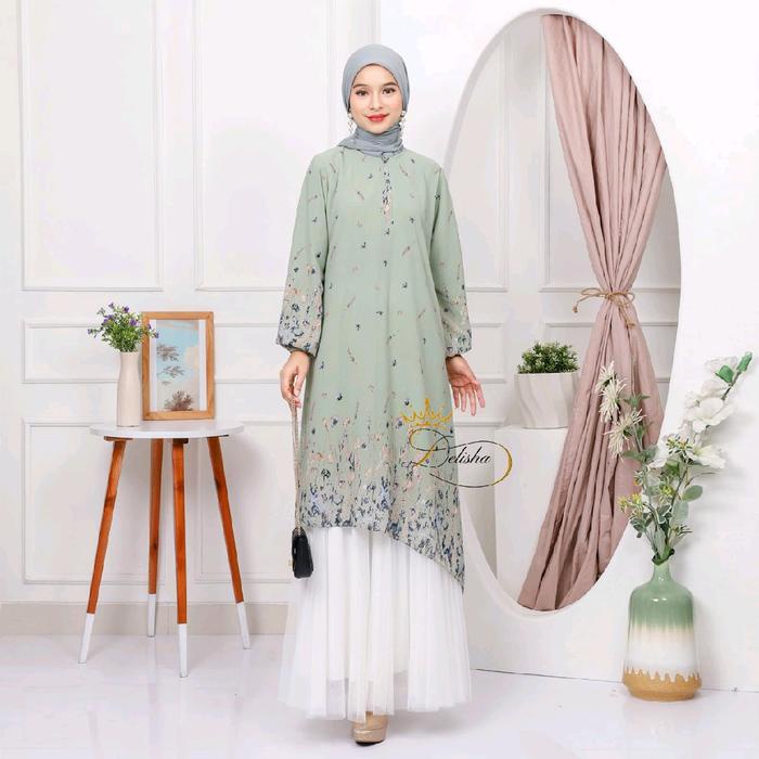 Delisha - Alma Tunik Sage Ceruty Baby Doll Premium Berfuring Mewah Busui
