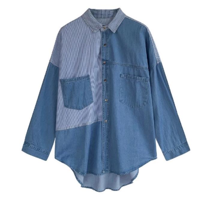 KAMEJA JEANS COMBINASI SALUR ALA KOREA/KAMEJA LENGAN PANJANG WANITA