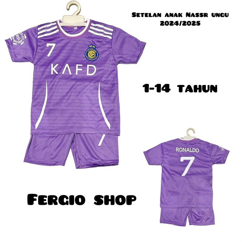 SETELAN BAJU BOLA ANAK AL NASSR/ KAOS BOLA ANAK AL NASSR UNGU/ JERSEY BOLA ANAK/ PAKAIAN OLAHRAGA