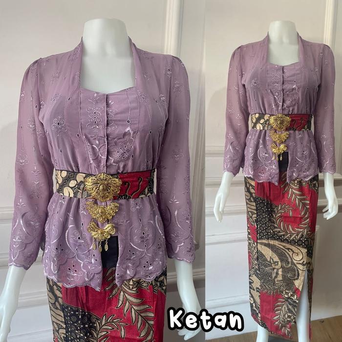 New Set Kebaya Bali Sifon Bordir Premium Wisuda Dress Kancing Wanita Pendek - Setelan Baju Readyy