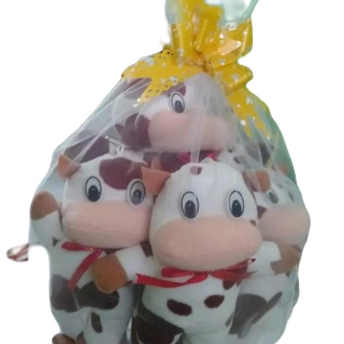 

party- boneka sapi parcel hadiah kado isi 4 1 besar 3 kecil free jaring dan jeplokan kaca Dolls