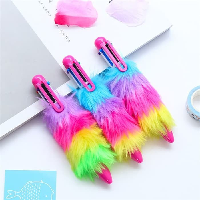 

Furry Pom Pom Pulpen Unicorn Rainbow Bulu Pen Lucu Unik Souvenir Ultah Tanpa Kotak