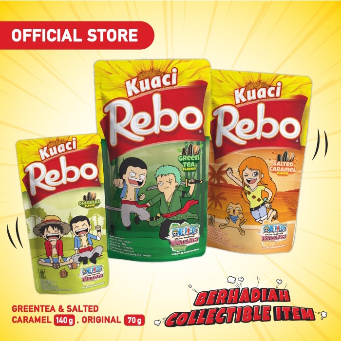 

Rebo Kuaci x One Piece Bundling 3 PCS - Rasa Green Tea, Caramel 140 Gram & Original 70 Gram