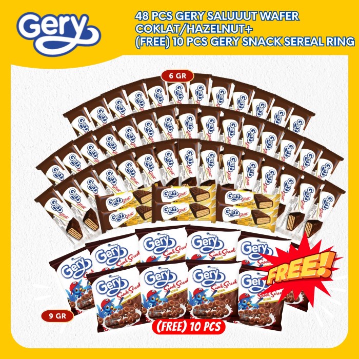 

48 PCS GERY SALUUUT WAFER COKLAT/hazelnut+ (FREE) 10 PCS GERY SNACK SEREAL RING