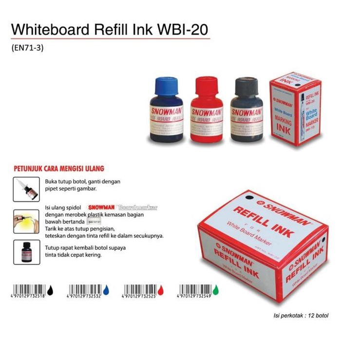 

TERLARIS Isi / Refill Tinta Spidol White Board Snowman Hitam, Biru, Merah / Box Isi 12 Biru Plastik