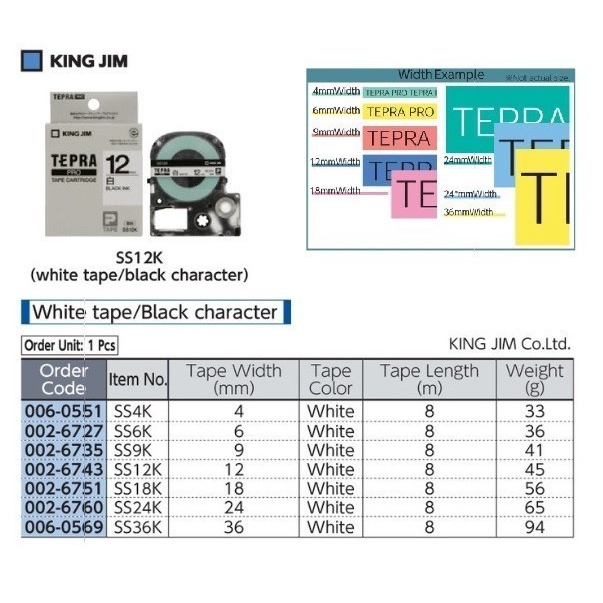 

Tape Cartridge for Tepra White Tape Black Letter 24mm KING JIM SS24K