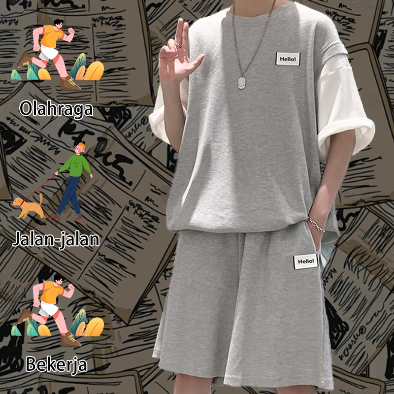 BESTPROMO Baju Satu Set Pria Baju Setelan Korea Baju 1 Set Korean Style Baju Set Setelan Kaos Dan