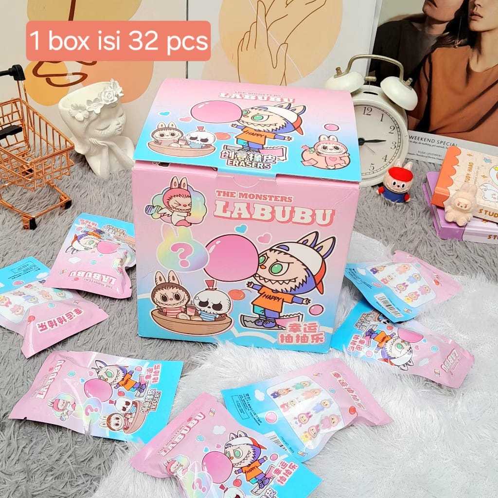 

Penghapus Mystery Labubu Versi-1 1 Box Isi 32 Pcs Lengkap Cute Lucu Favorit Anak / Penghapus Labubu