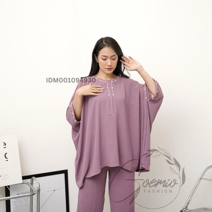 BLESS ONE SET SUNRISE SETELAN ATASAN KAFTAN PAYET DAN CELANA WANITA CRINGKLE CASUAL KONDANGAN POLOS