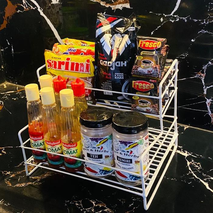 RAK TEMPAT BUMBU DAPUR DAN TEMPAT MINUMAN AQUA DAN KUE LEBARAN DARI BESI ANTI KARAT