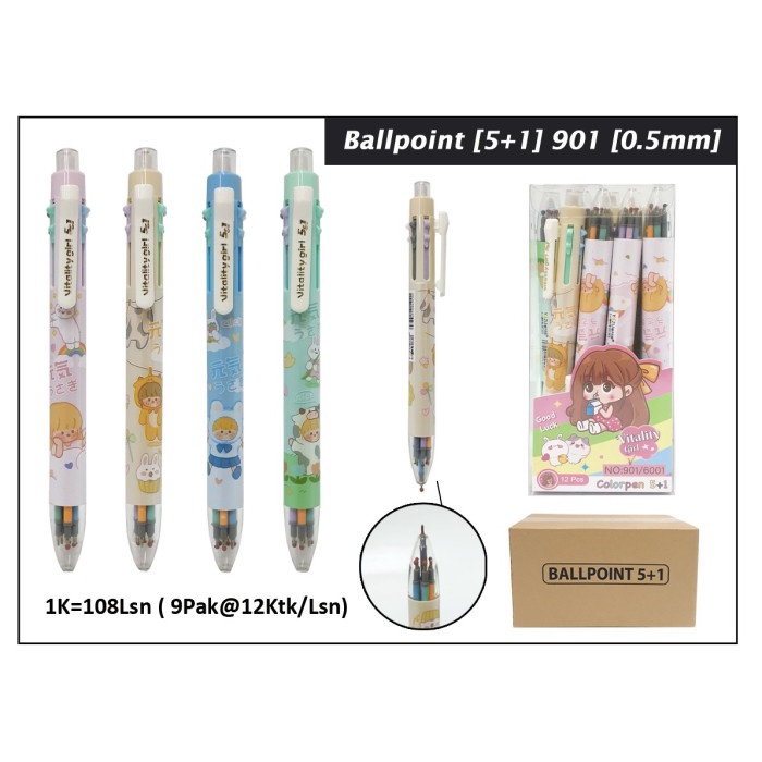 

] ballpoint gel 6 warna 5+1 kode 6001 / 901 benny gel enak dipakai fancy