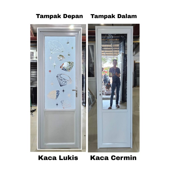 Hot Sale Pintu Kamar Mandi Aluminium-Ppf 03-Diamond-3/4 Kaca Lukis-Cermin-Putih Readyy