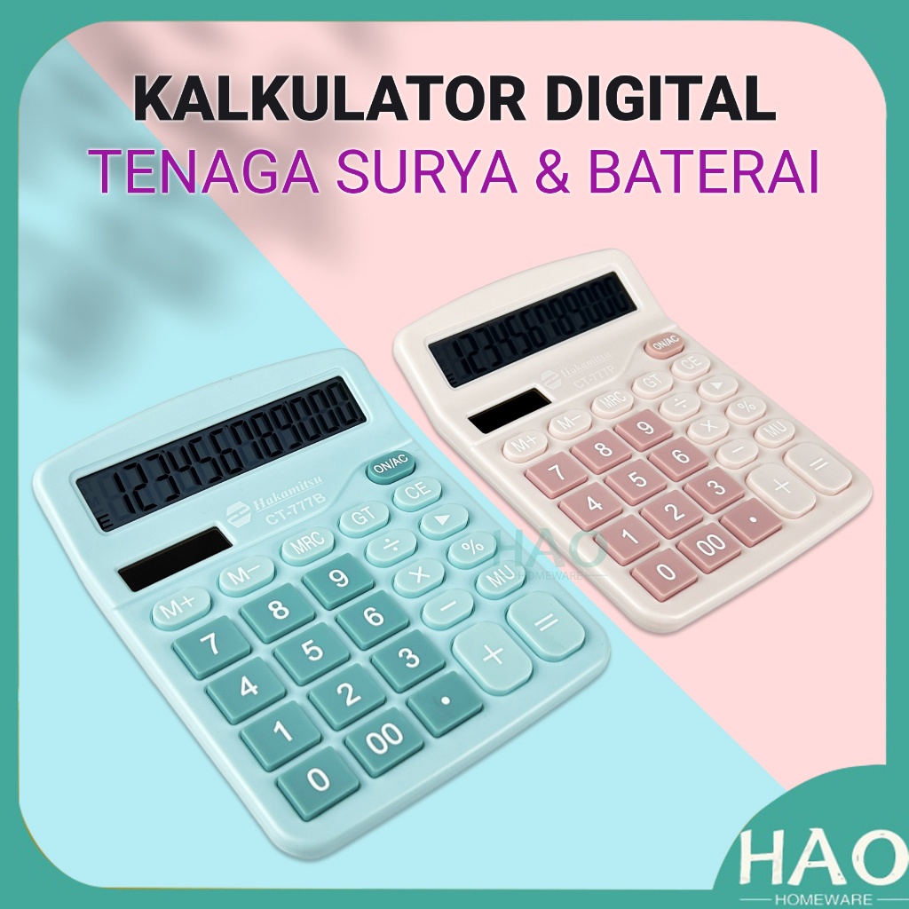

Kalkulator Digital 12 Digit Dual Energi Baterai & Energi Surya / Kalkulator Warna Lucu CT-777B/P