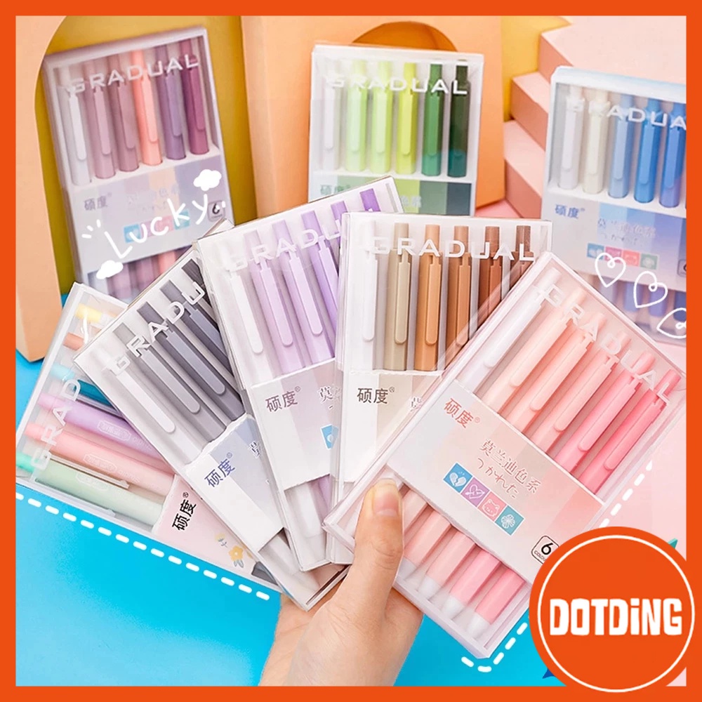 

[COD] 6 buah pulpen gel netral dalam kotak pulpen tekan seri warna Morandi 0,5mm ST ujung pena cepat