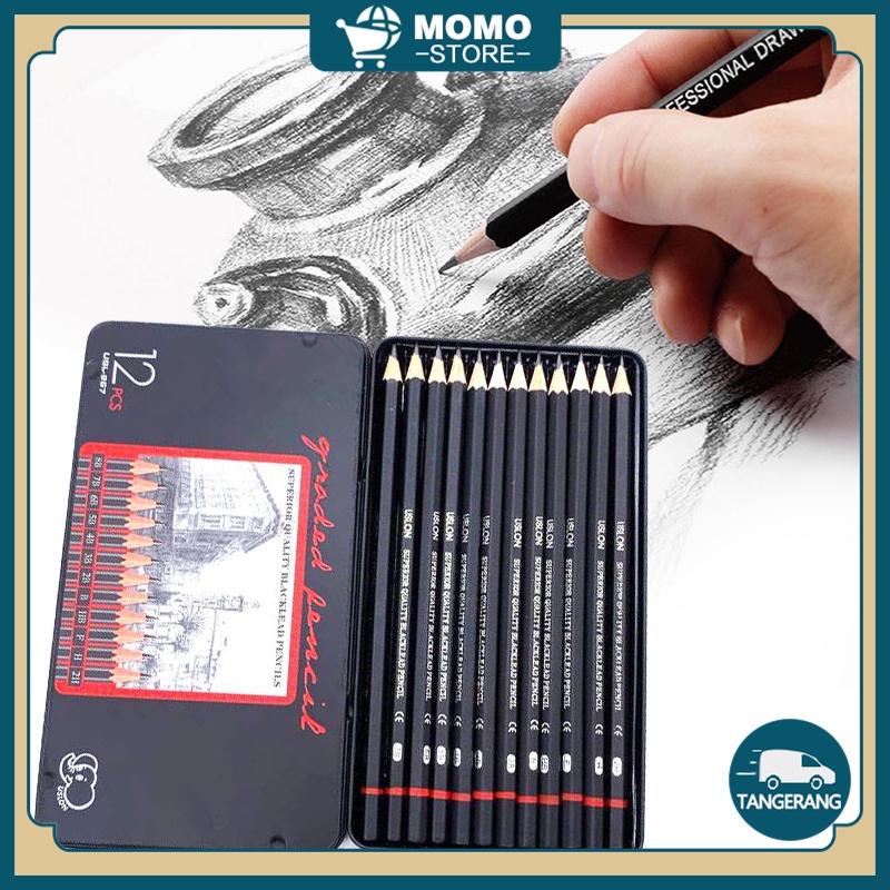 

12 Pcs Charcoal Sketch Pencil Set 2H H F B HB 2B 3B 4B 5B 6B 7B 8B Pensil Sketsa Set Lengkap Dw05