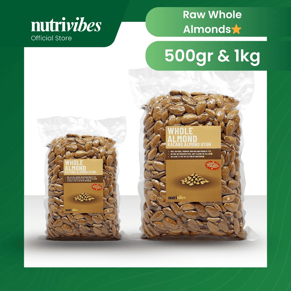 

Kacang Almond Utuh Mentah / Raw Whole Almond (Family Pack 500gr & 1kg) - Nutrivibes