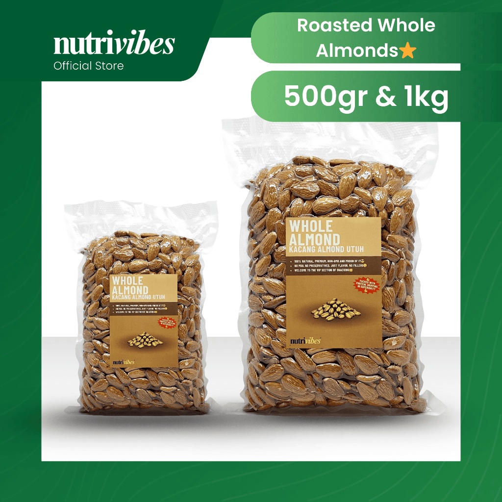

Kacang Almond Utuh Panggang / Roasted Whole Almond (Family Pack 500gr & 1kg) - Nutrivibes