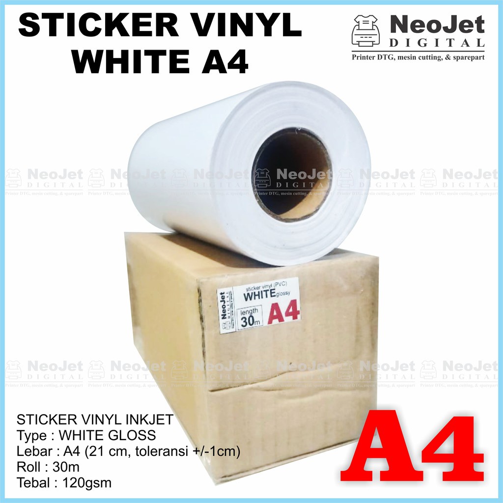 

Sticker Vinyl Inkjet White Putih Glossy A4 Panjang 30 Meter