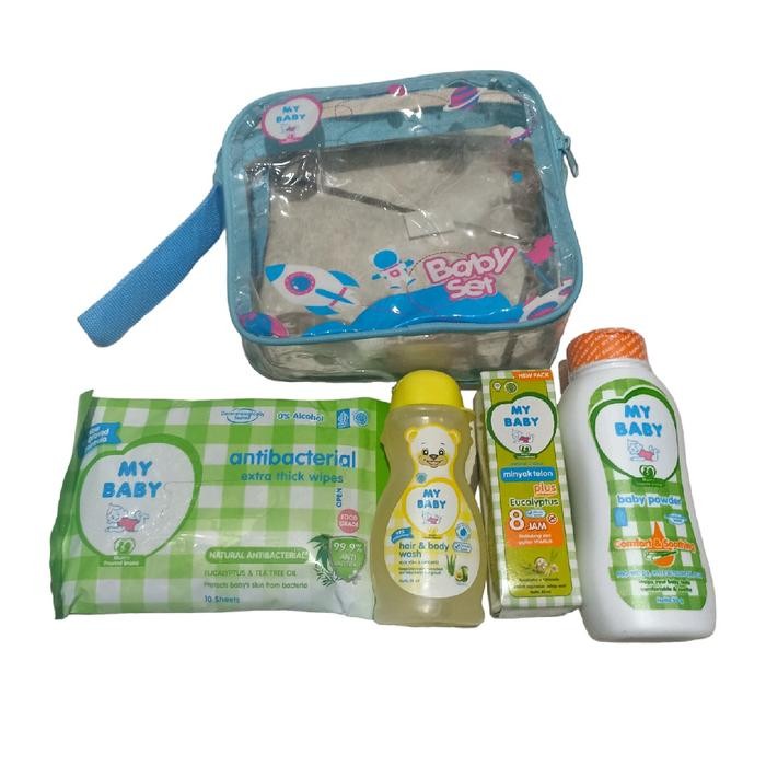 Momibi- My Baby Set (Minyak Telon+Bedak+My Baby Hbw+My Baby Wipes) Free Tas Bayi Kulit