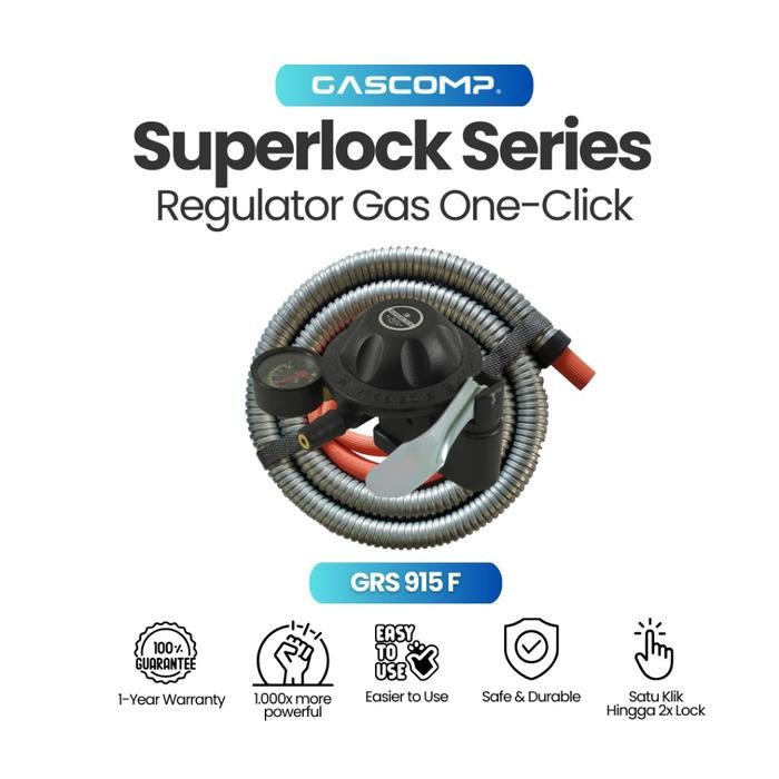 Superlock Regulator Gas Low Pressure Gascomp (Grs-915F)-Selang Flexible Hitam 5 Lapisan Kuat Dan