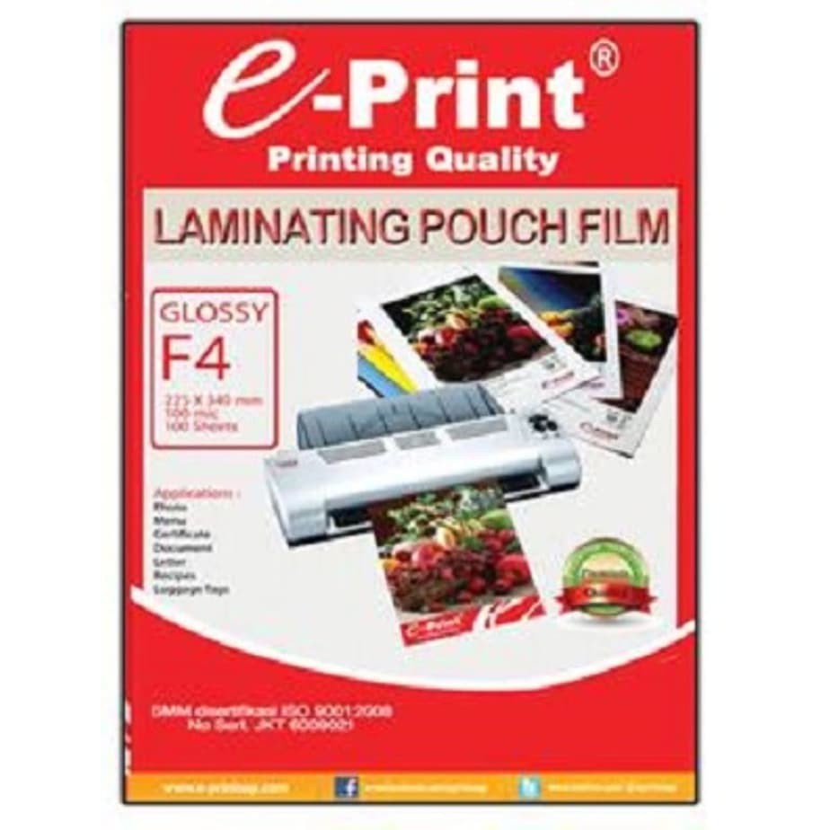 

TAB SHOP - EPRINT LAMINATING POUCH F4 100 MIC 100 SHEETS - E-PRINT KERTAS LAMINASI KANTONG PANAS F4