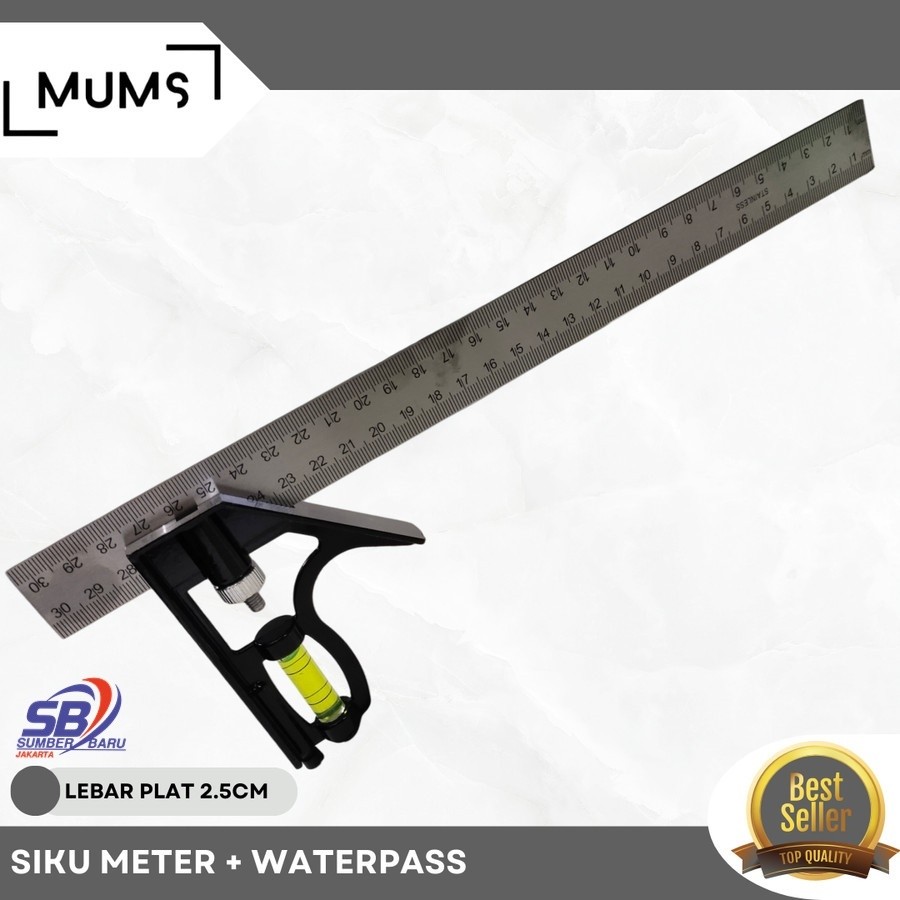 

Siku Meter Tukang 30cm Penggaris Besi Sudut L + Waterpass SBJ
