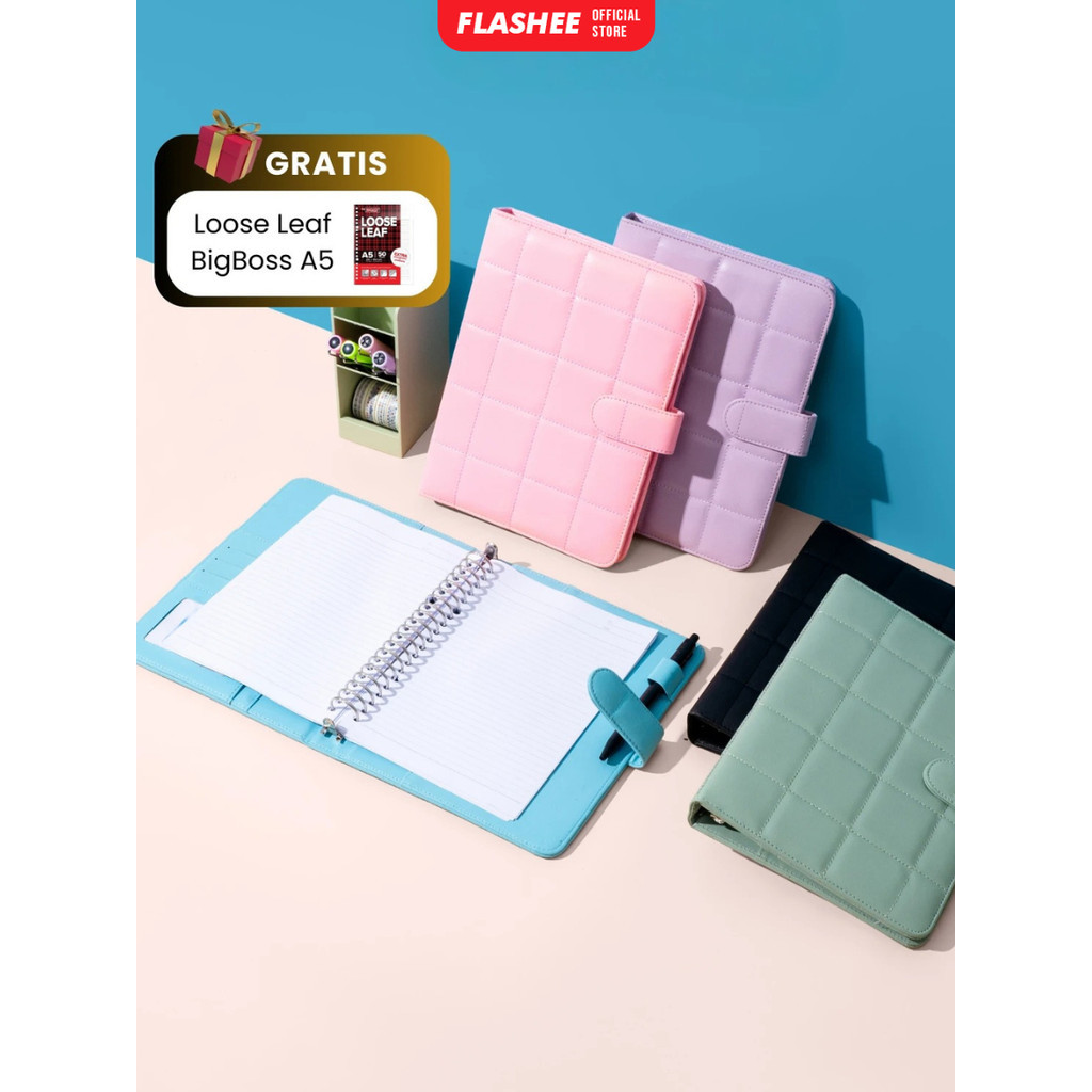 

Flashee Binder Polos Eksklusif A5 Puffy 20 Ring Buku Agenda Kulit Sintetis PU Leather Binder Polos