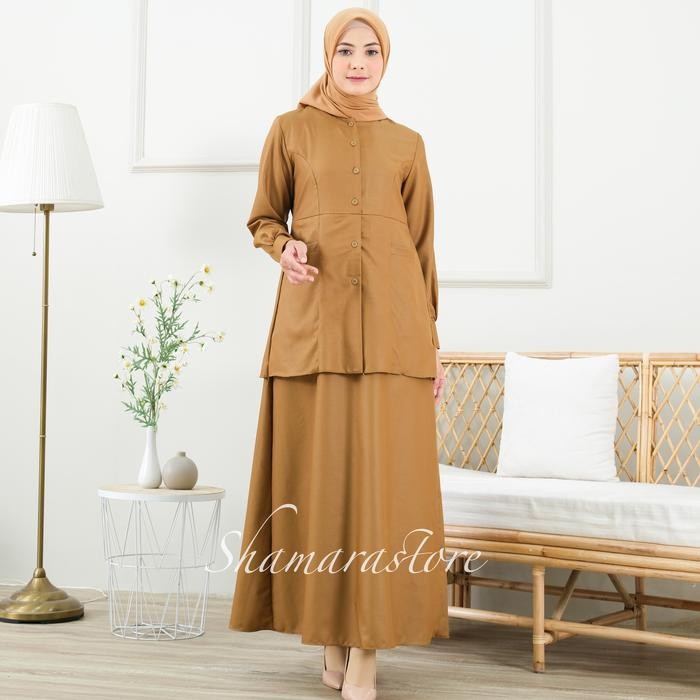 Hijara- Gamis Polos Seragam Kerja Pns Pdh Model Setelan Baju Kancing Toyobo Panjang Muslim Wanita
