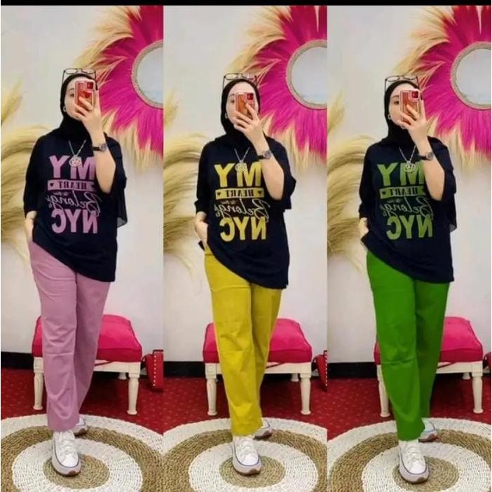 Hijara- Terlaris Setelan Baju Celana Muslim Setcel Wanita Sablon My Heart Ld 110 Bahan Combed 20s