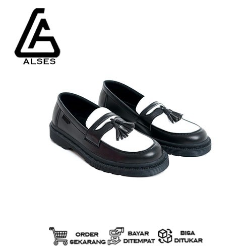 Cuci Gudang  Alses X Enzio Sepatu Formal Loafer Pria Wanita Hitam Putih Pantofel Kerja Kantor