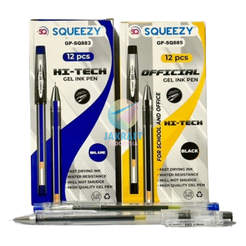 

UM1 (12 Pcs) Pulpen Gel Pen SQUEEZY GP-SQ885 Hitam Black GP-SQ883 Biru Blue Hi-Tech Official Needle