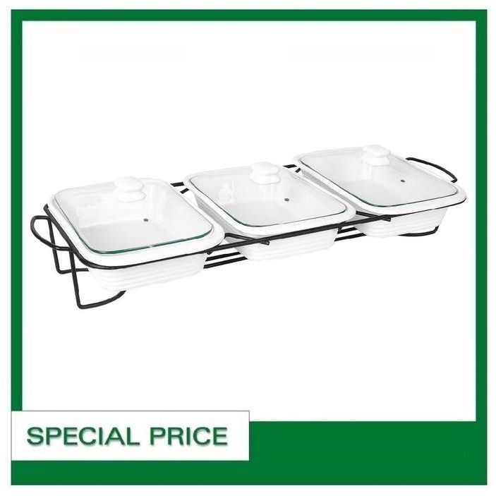 PRASMANAN MANGKOK SAJI PENGHANGAT SEGI SET 3 KERAMIK TUTUP KACA