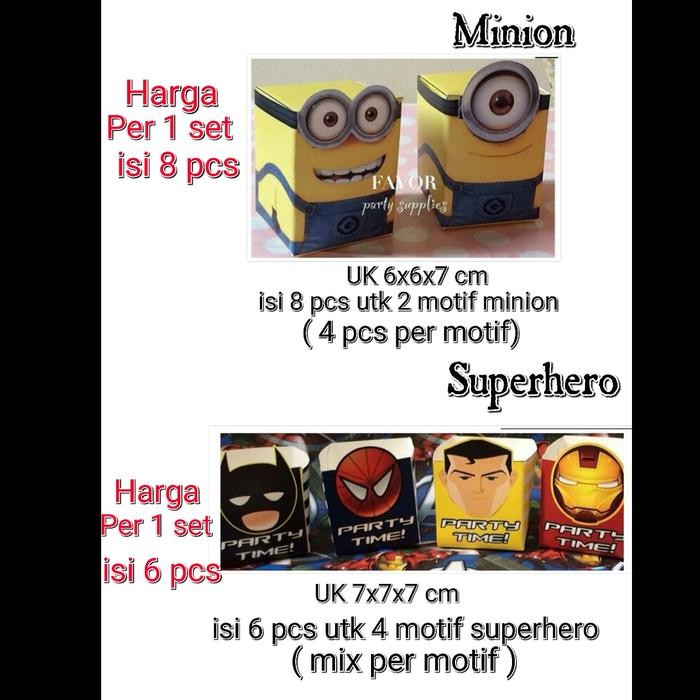 GASS. TREATBOX MINION, SUPERHERO ISI 12PCS / GOODIE PAPER BOX KOTAK PERMEN
