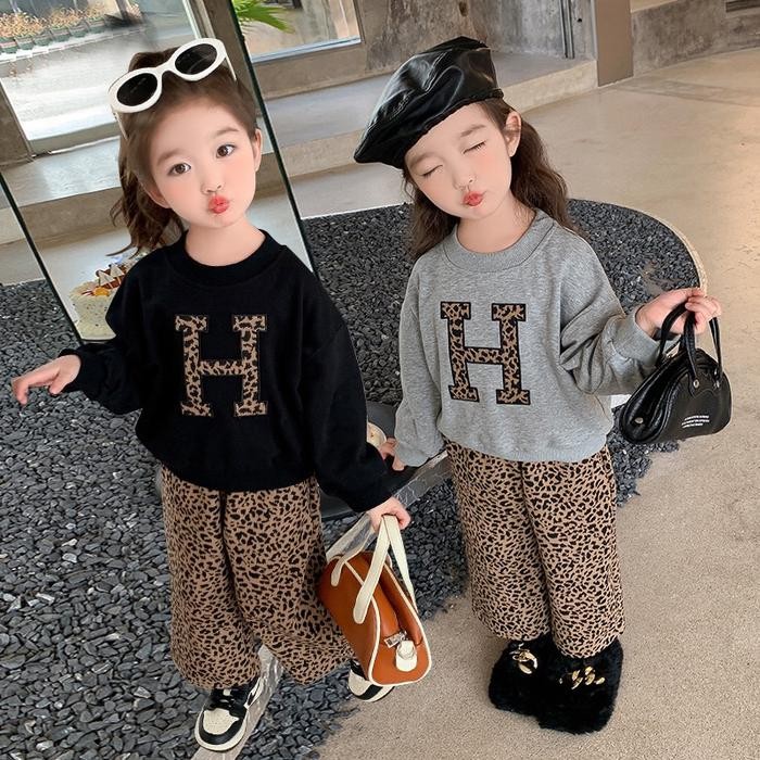 2-8TAHUN SETELAN H SWEATER KULOT LEOPARD BAJU PANJANG ANAK PEREMPUAN HITAM ABU