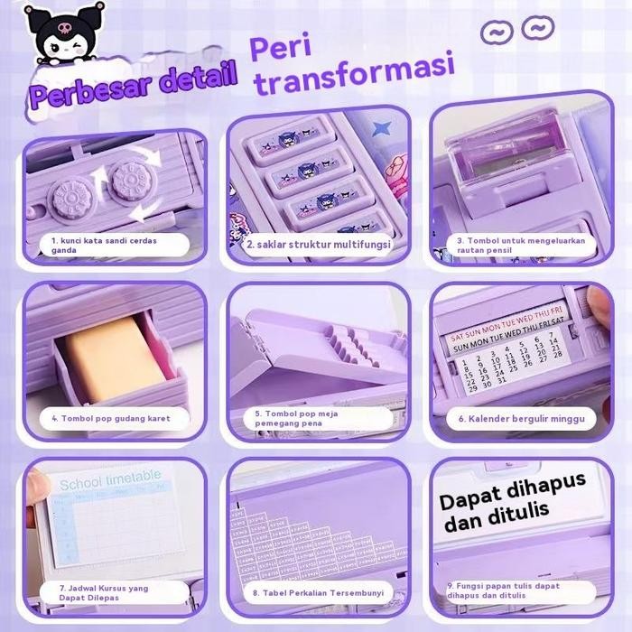 

Ready- Tempat Pensil Password Kuromi + Pena Yang Bisa Dihapus / Tahan Air Multifungsi Lapis Ganda