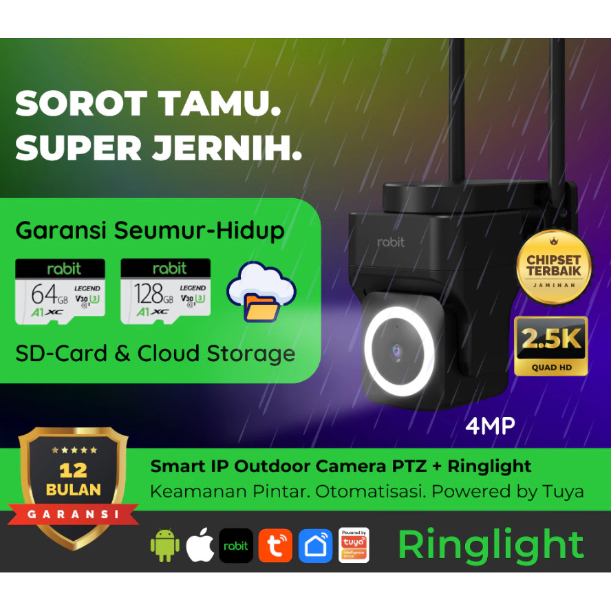 RABIT SMART IP CCTV WIFI CAMERA OUTDOOR PTZ RINGLIGHT FULL HD KAMERA 4 MP