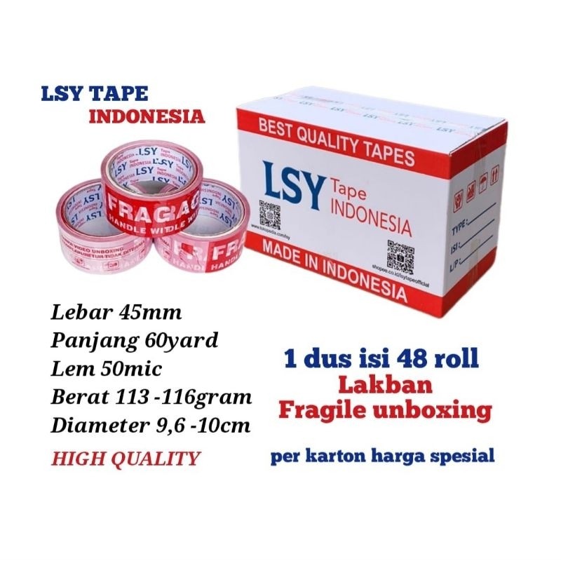 

lakban fragile unboxing mix 60yard 1 dus isi 48 roll LSY TAPE INDONESIA ( CBM )