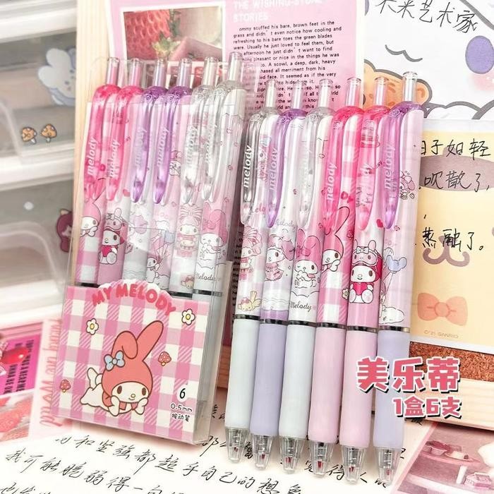 

ID PULPEN GEL MEKANIK 1 SET ISI 6 PCS MOTIF KARTUN KUROMI, MELODY DAN CINNAMOROLL FREE BOX