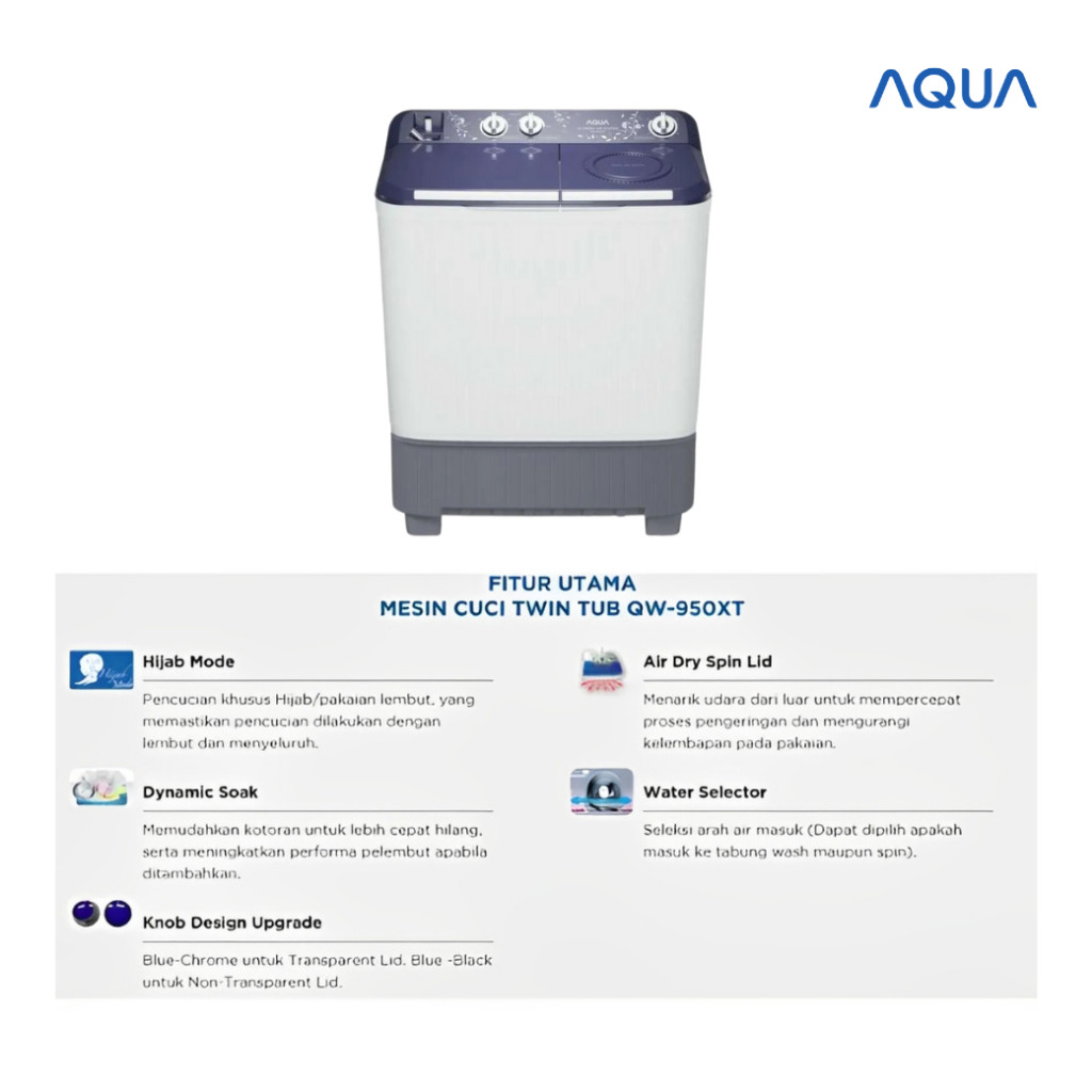 AQUA Mesin Cuci QW-9030HT 2 Tabung 9 Kg Low Watt Garansi
