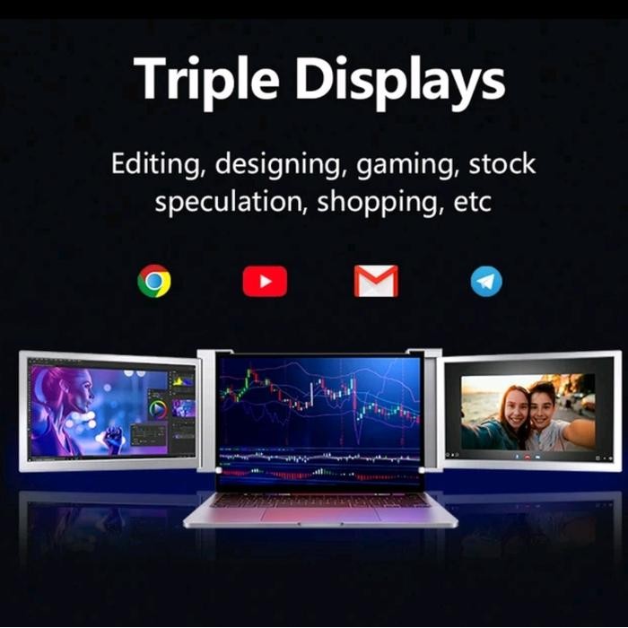 Portable Triple Screen Monitor 11.6 Inch Untuk Laptop (1 Cable) - Cocok Untuk Semua Laptop Windows &