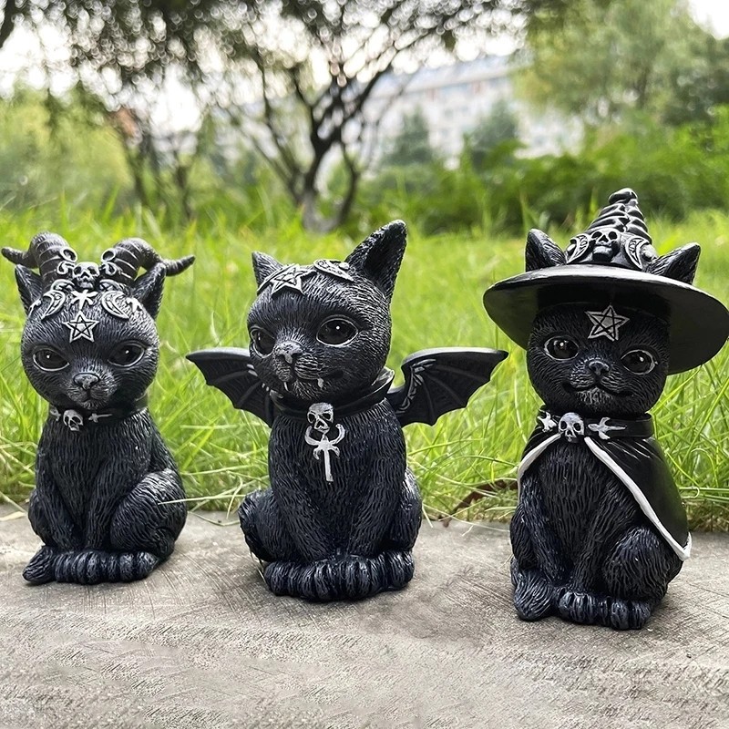 Halloween Decorative Figurine Garden Witch Cat Sculpture Gothic Kitten Statue Black Magic Cat Owl